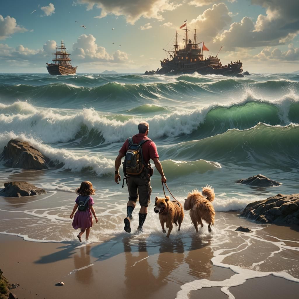 Family and Dog's Seaside Adventure: Fantasy Concept Art