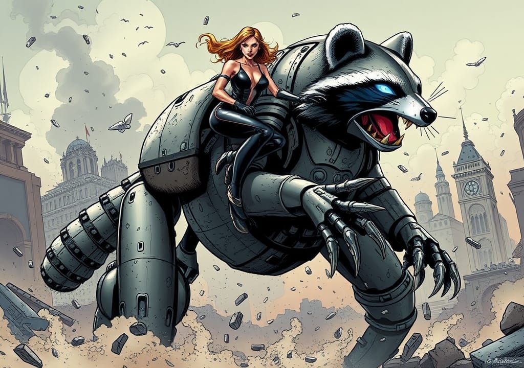 Raccoon Robot Rider in War-Torn Cityscape