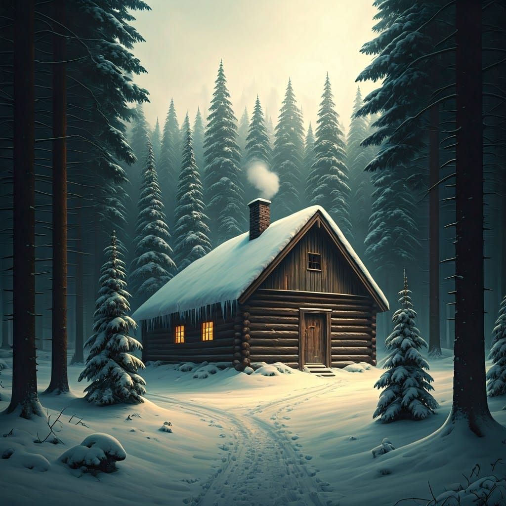 Winter Wonderland Cabin Illuminated by Golden Light