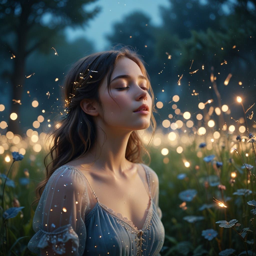 Girl Sings in Moonlit Garden with Sparkling Fireflies
