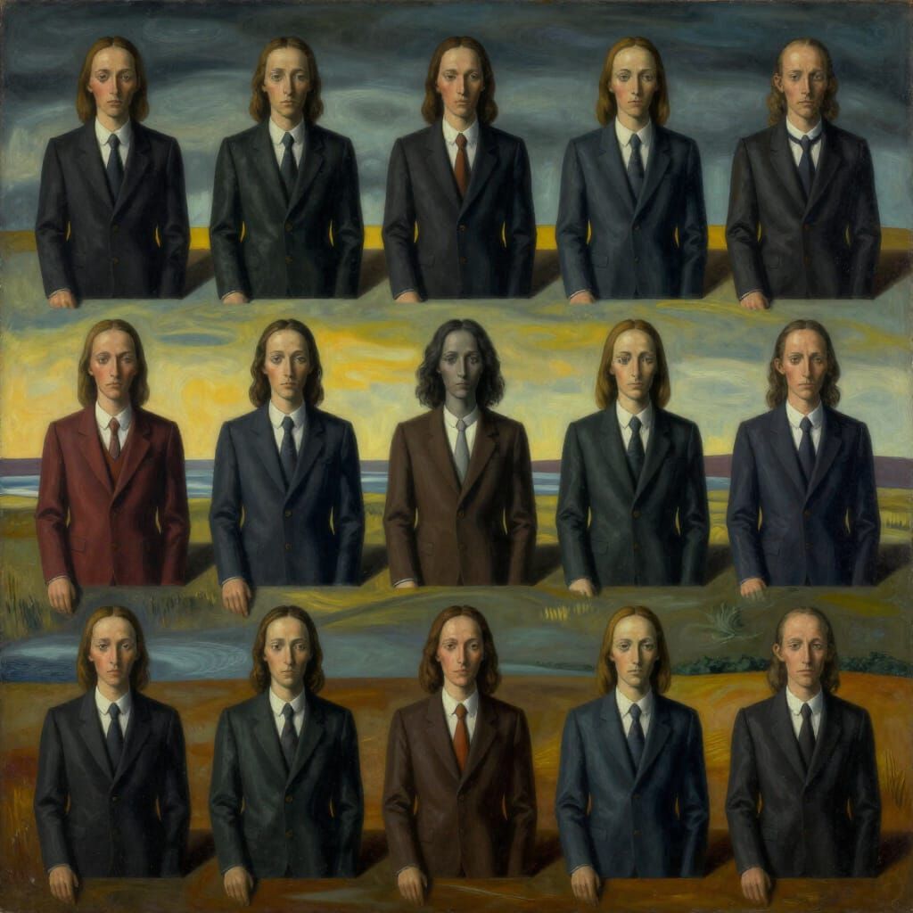 Surrealist Grid of Figures with Hidden Difference