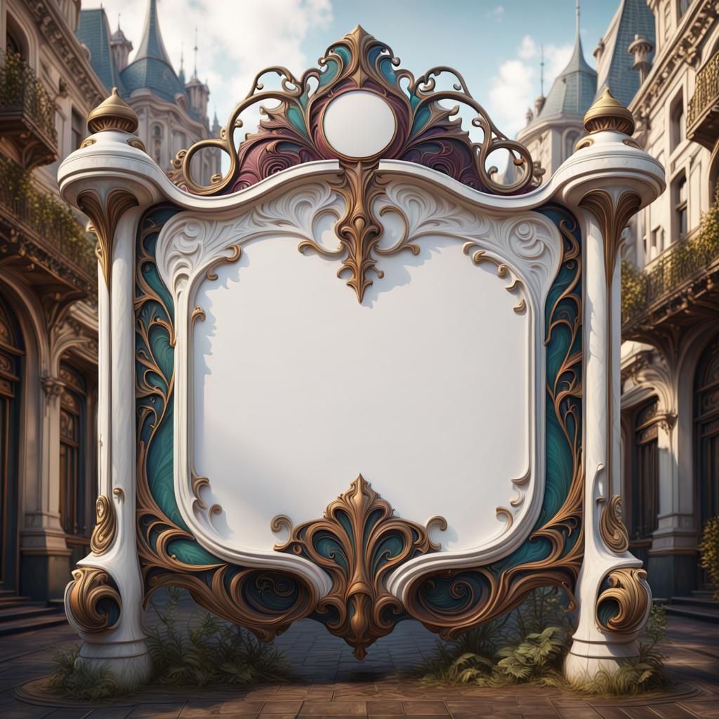 Art Nouveau-style large, blank white sign