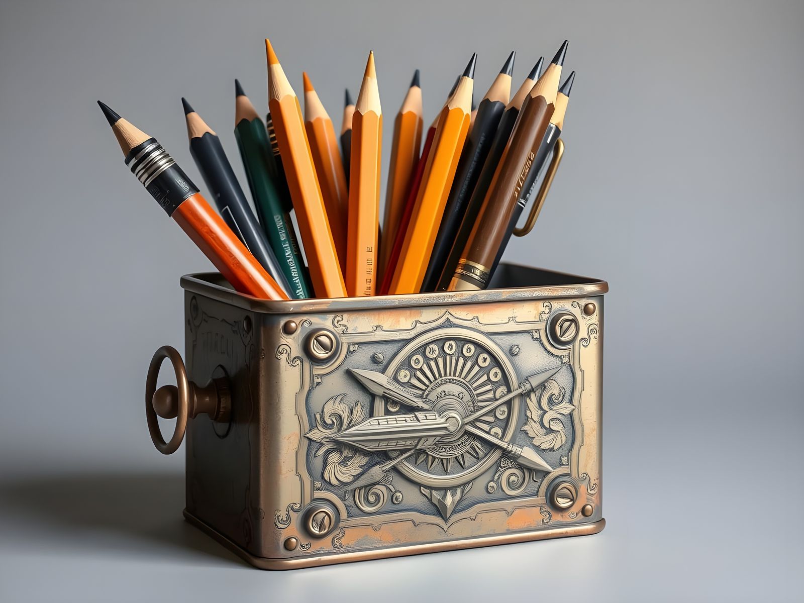 Pencils and Pens in Vintage Metal Holder