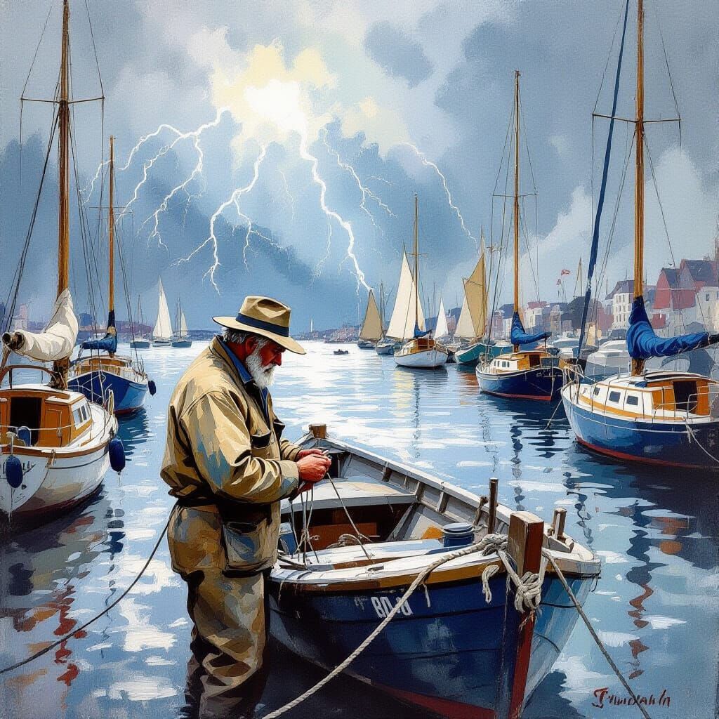 Stormy Harbor Scene in Watercolor Style