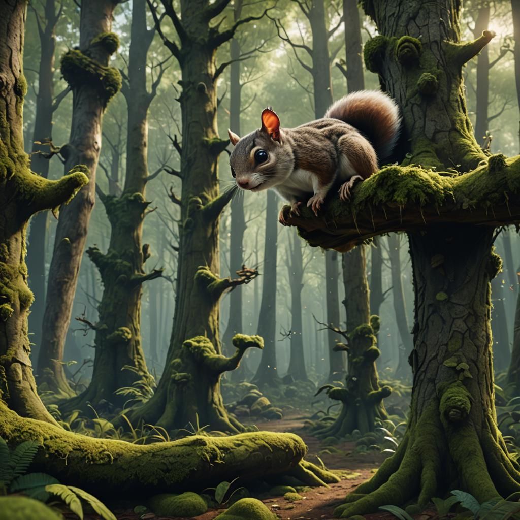 Flying Squirrel Gliding Through Mossy Forest