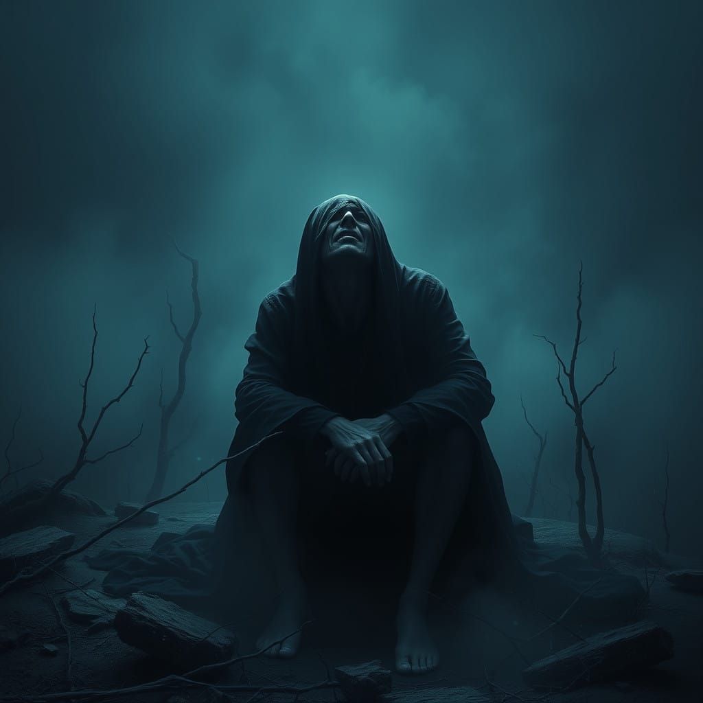 Tormented Figure in a Desolate, Mystical Realm
