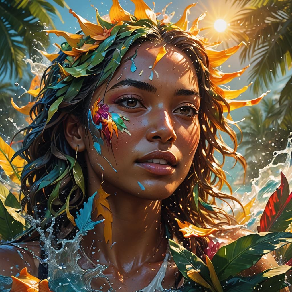 Hyperrealistic Tropical Scene in Splash Art Style