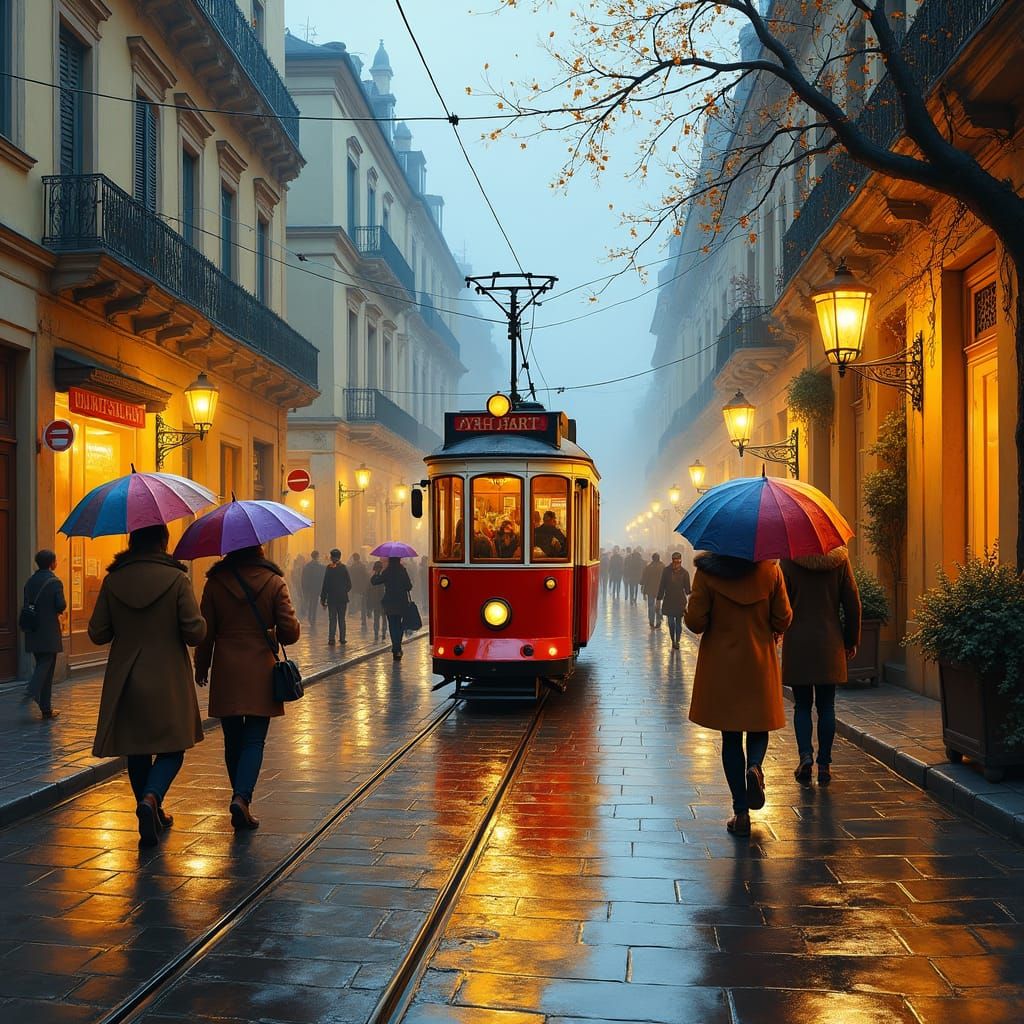 Impressionist Street Scene with Tram in Rain