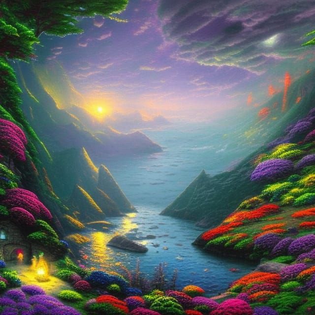Luminous Sea Cave Fantasy by Thomas Kinkade