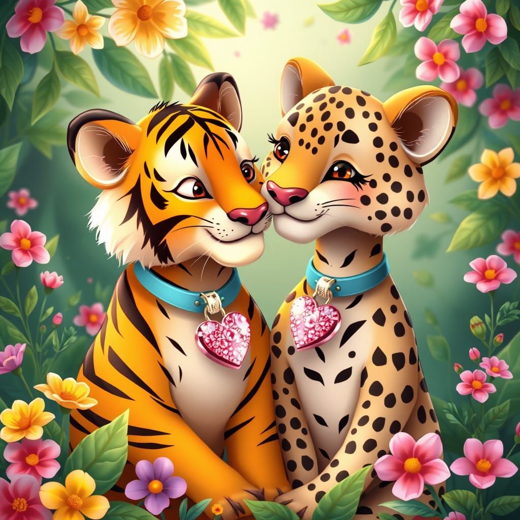 Cute tiger and ghepard🐅🐆in love, cartoon style, hyper-realistic and hyper-detailed image, 16k