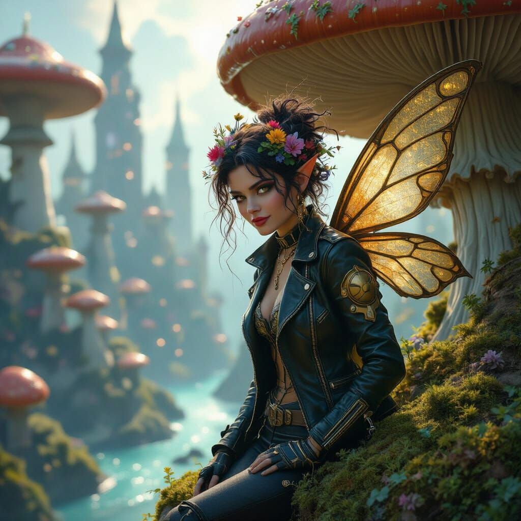 Rebellious Fairy in Surreal Mushroom City, Inspired by Syd M...