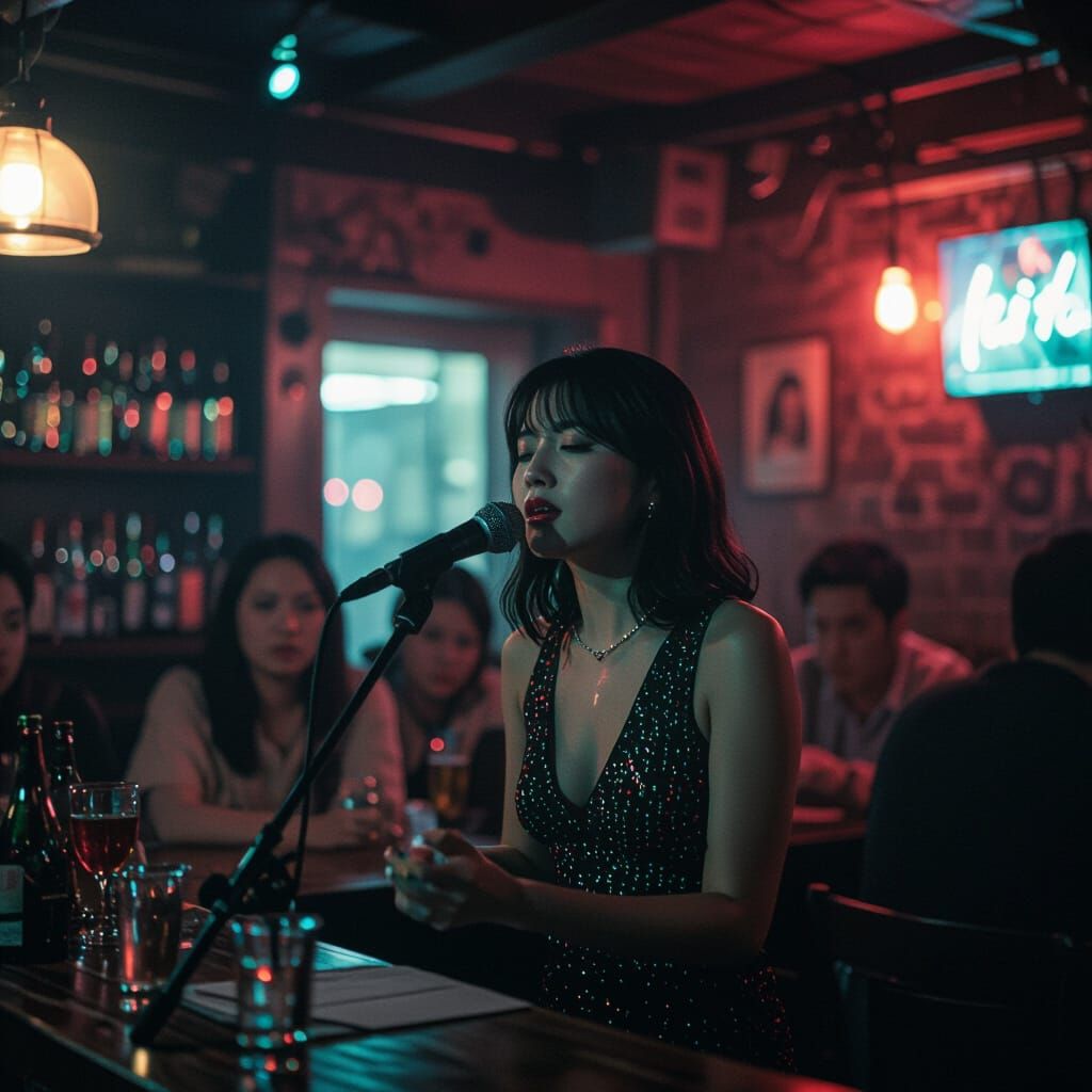 Asian Singer Performing in Dimly Lit Bar