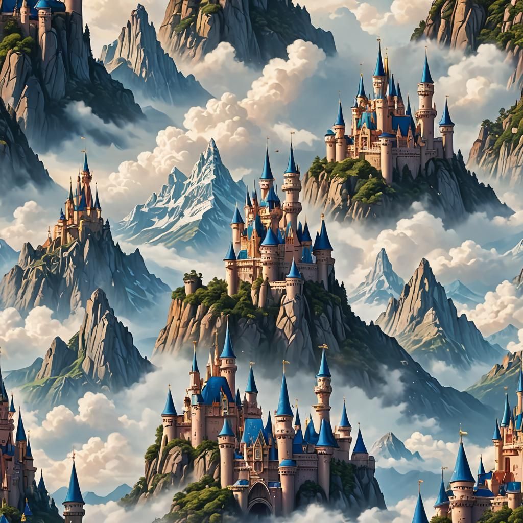 Disney Castle Floating Above Mountain Peaks