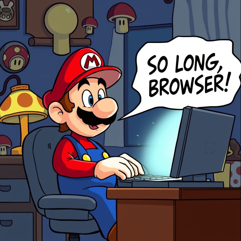 Mario Bids Farewell to the Browser in Whimsical Cartoon Styl...