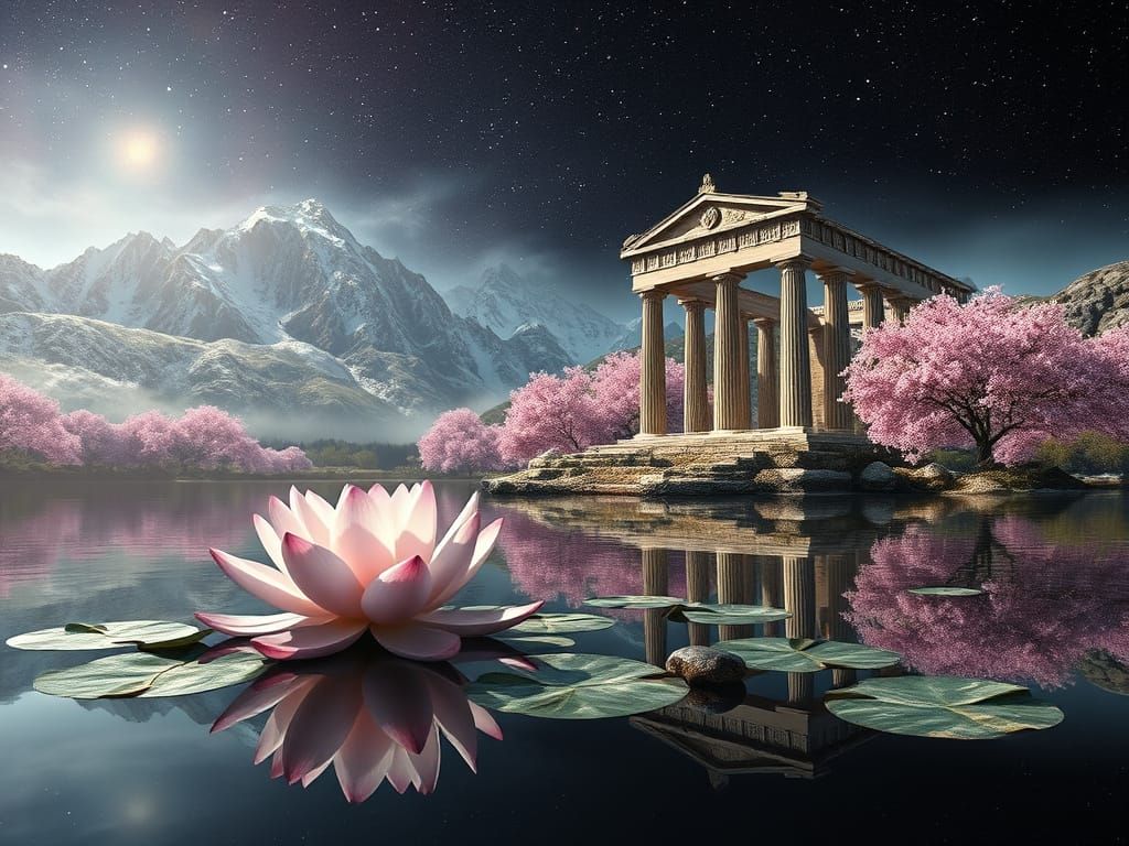Lotus Blossoms Amidst Sakura-Clad Mountains and Ancient Gree...
