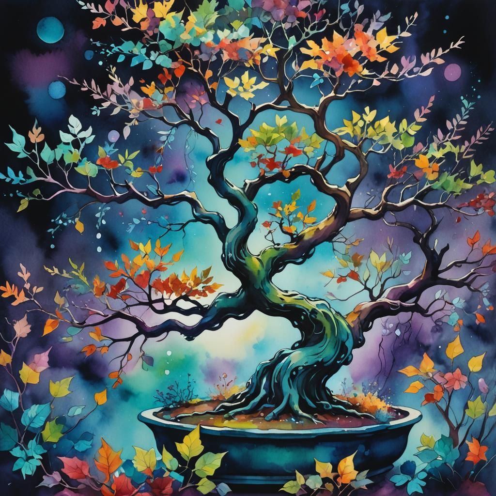 Ethereal Bonsai in Surreal Watercolor Painting