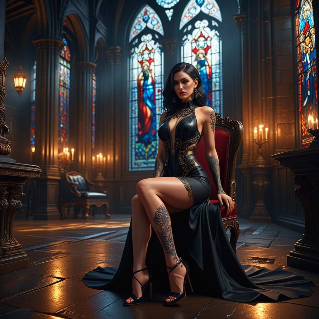 Tattooed Woman in Gothic, Stylized Digital Art