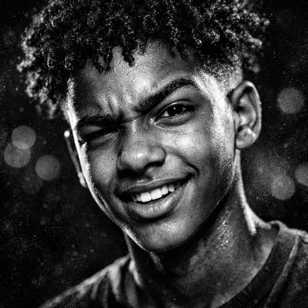 Gritty B&W Portrait of Afro-Caribbean Boy in High Contrast