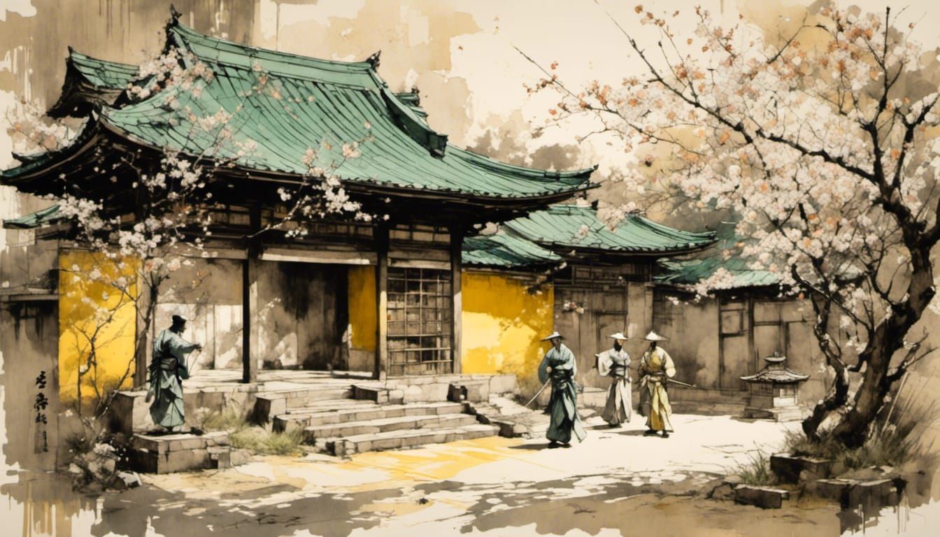 Samurai Duel in Dojo: Ukiyo-e Woodblock Print