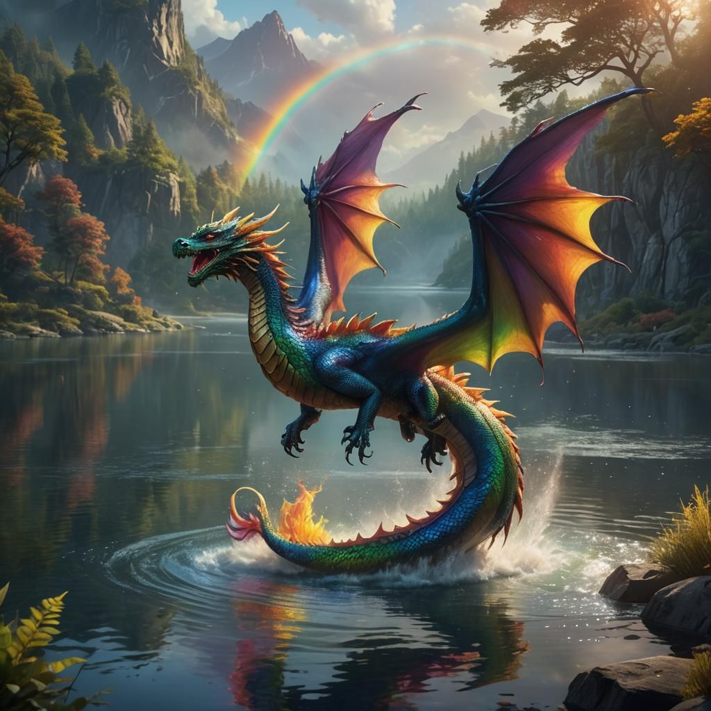 Rainbow Dragon Soaring Over Serene Lakeside