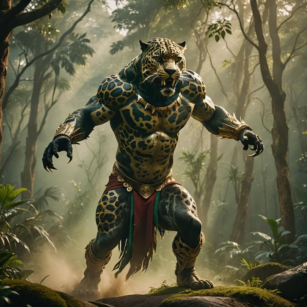 Barbarian Jaguar Humanoid Roaring in Jungle Film Still