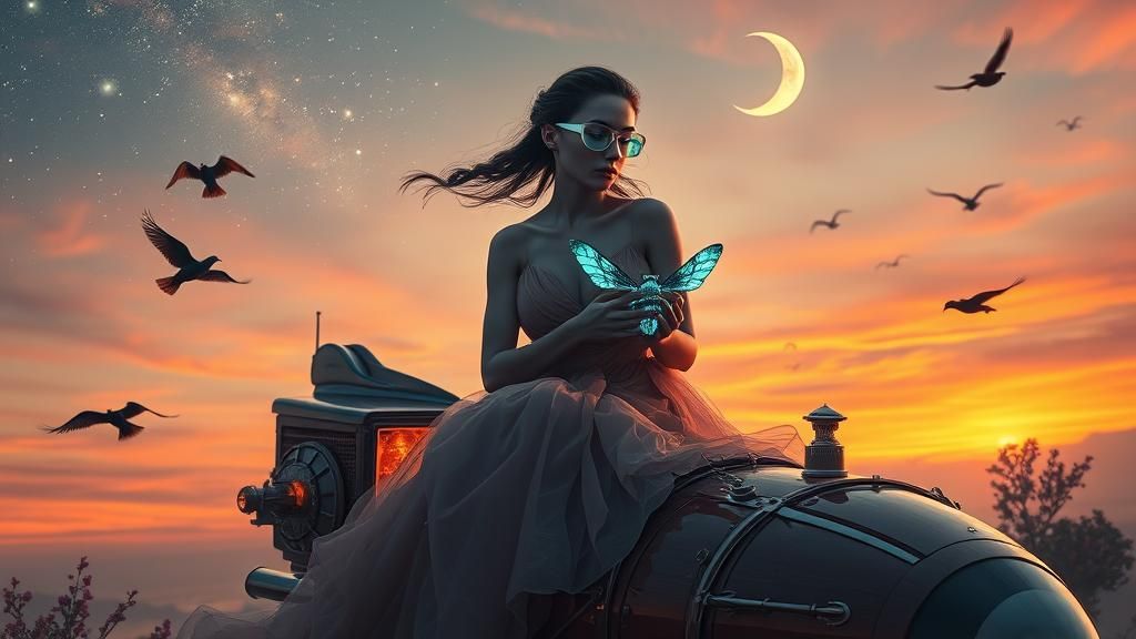 Woman on Steampunk Spaceship with Insect Sculptures