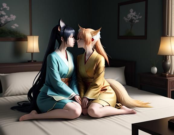 Two Kitsune Kissing in Manga Style 3D Render