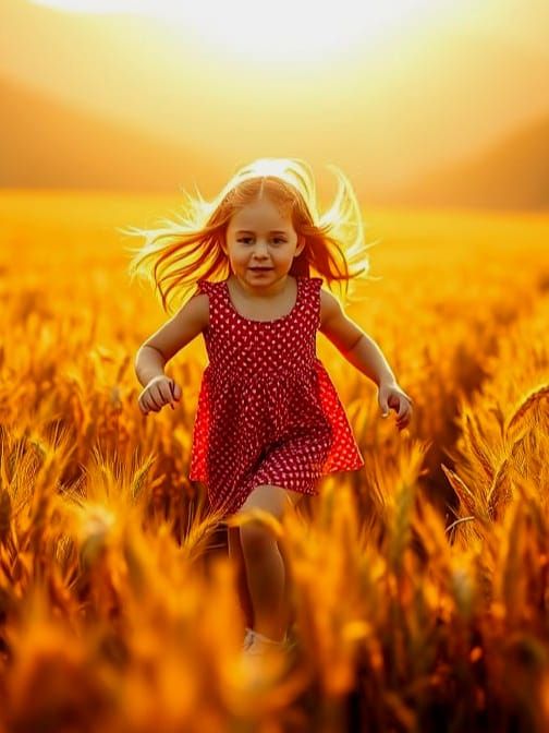 Young Girl Running through a Wheat Field in Autumn
