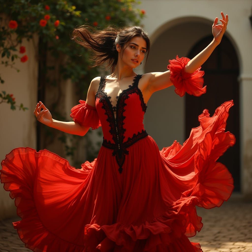 Fiery Spanish Woman in Flamenco Dance, Sorolla-Inspired Port...