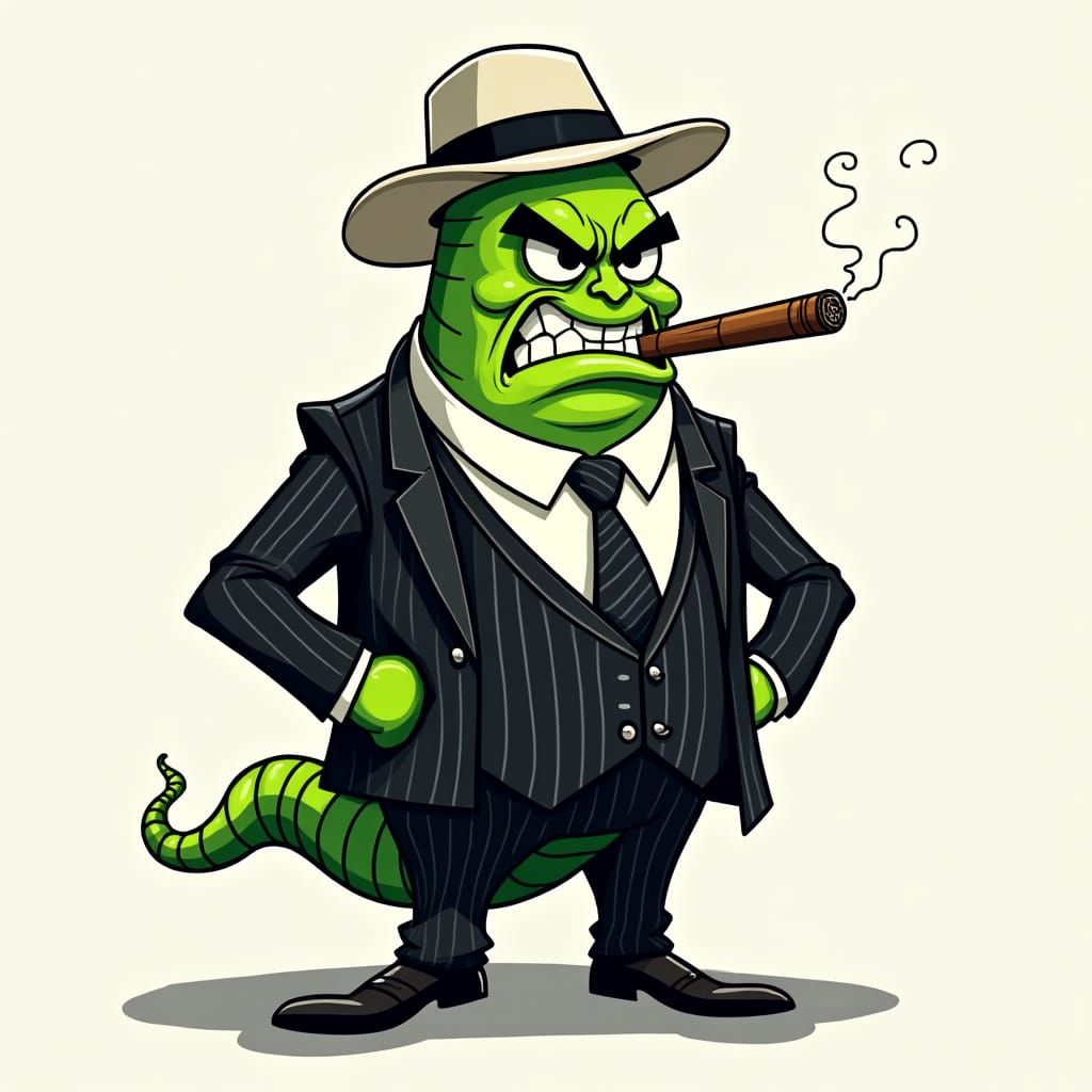 Green Worm Gangster in Moebius Cartoon Style