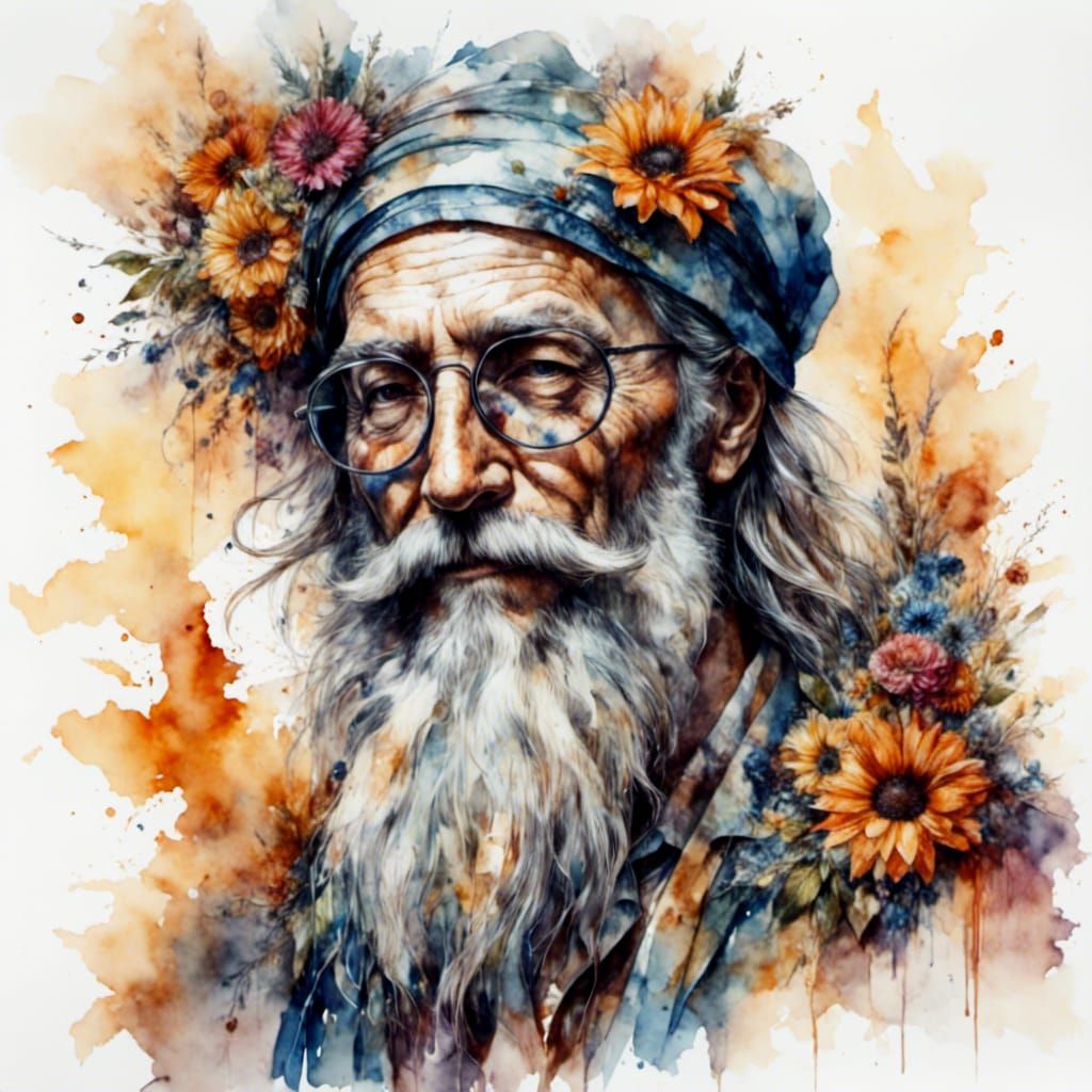 Hippie Flower Power Man with Long Beard