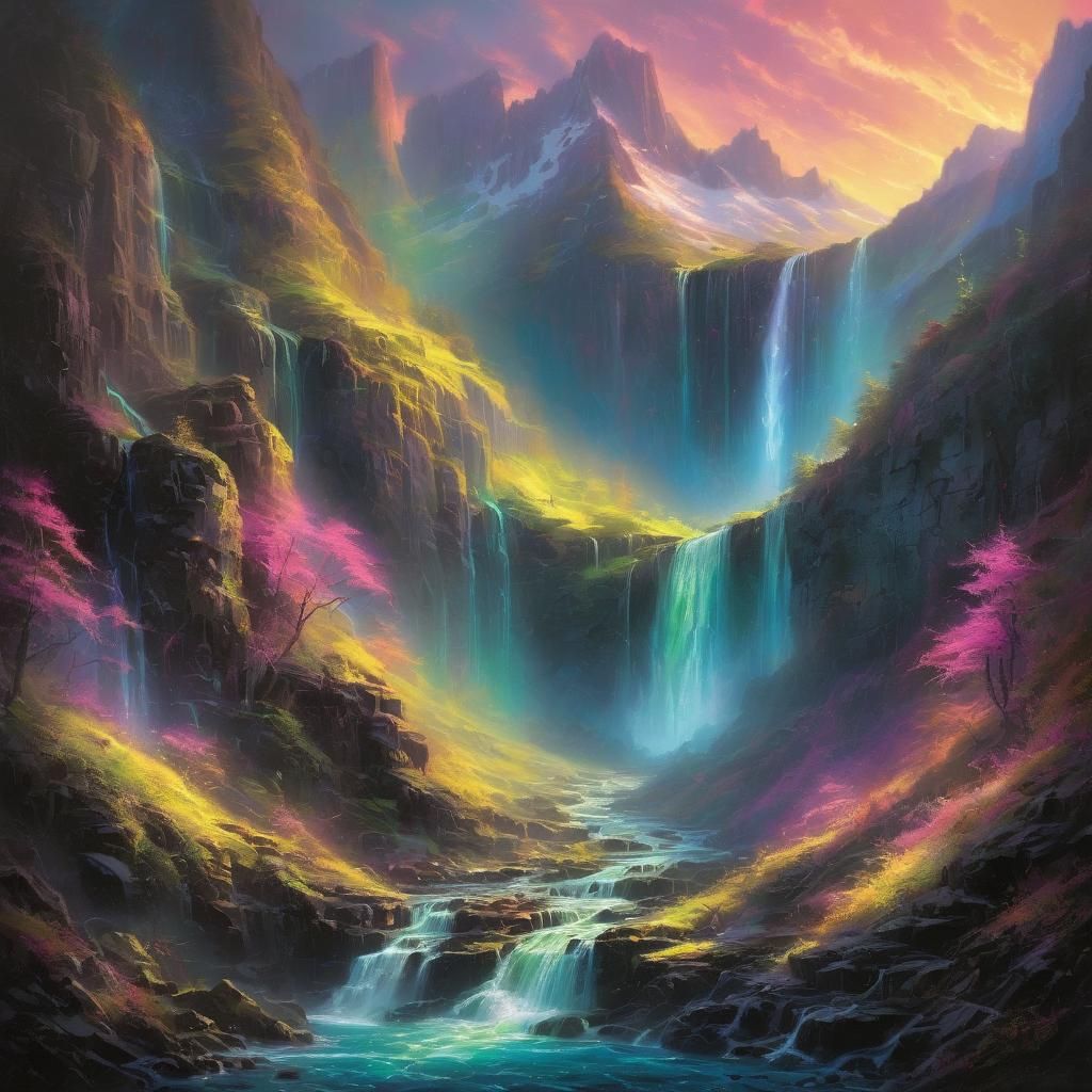 Fluorescent Waterfall: A Surreal Neon Landscape