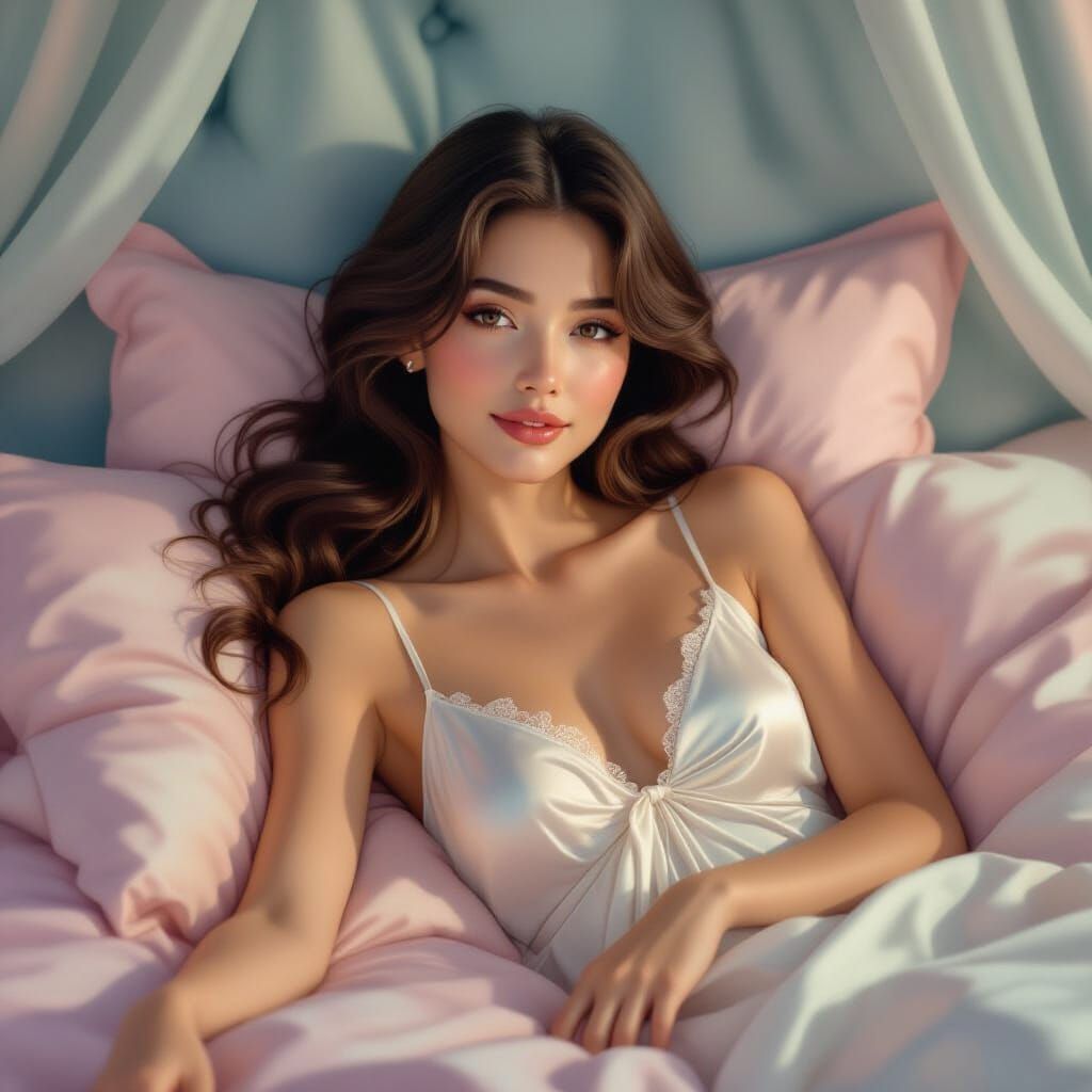 Ethereal Woman in Peaceful Slumber, Alphonse Mucha Style