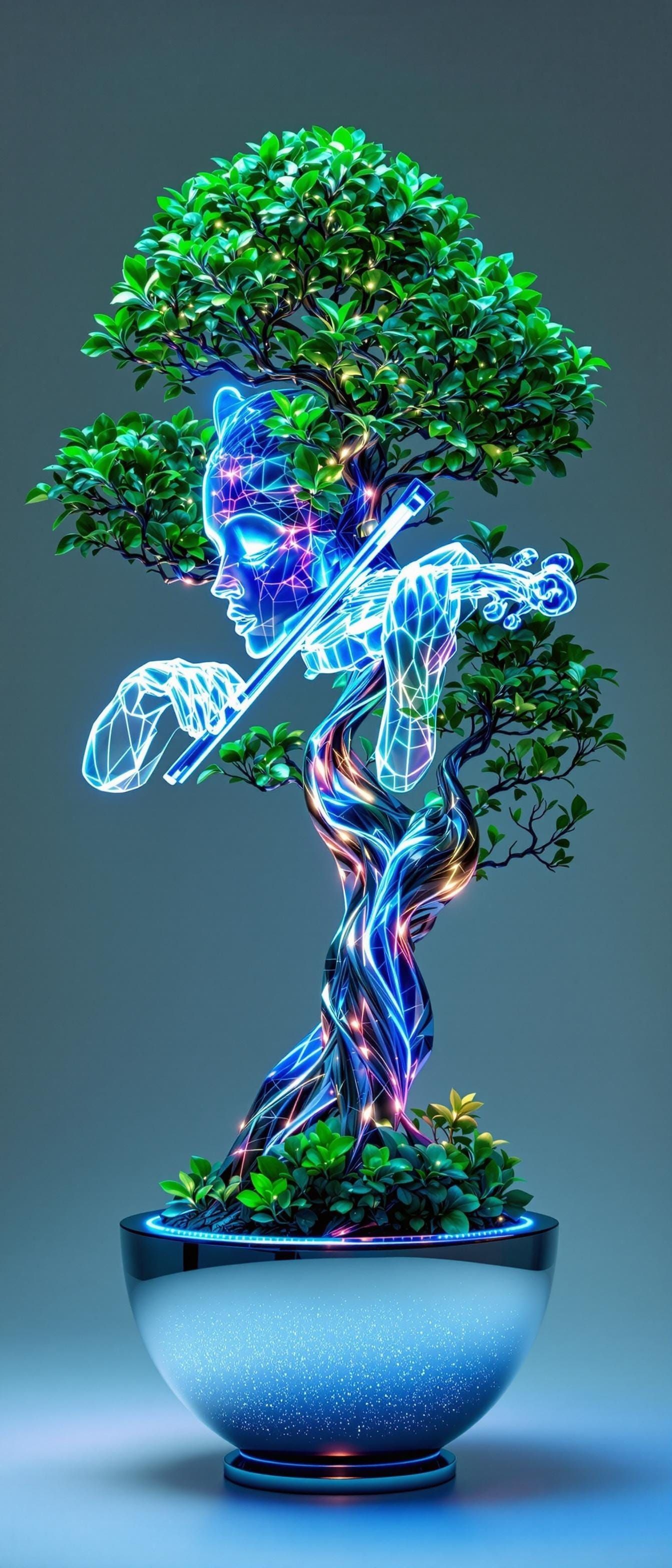 Surreal Holographic Violinist Emerge from Neon Bonsai in Cyb...