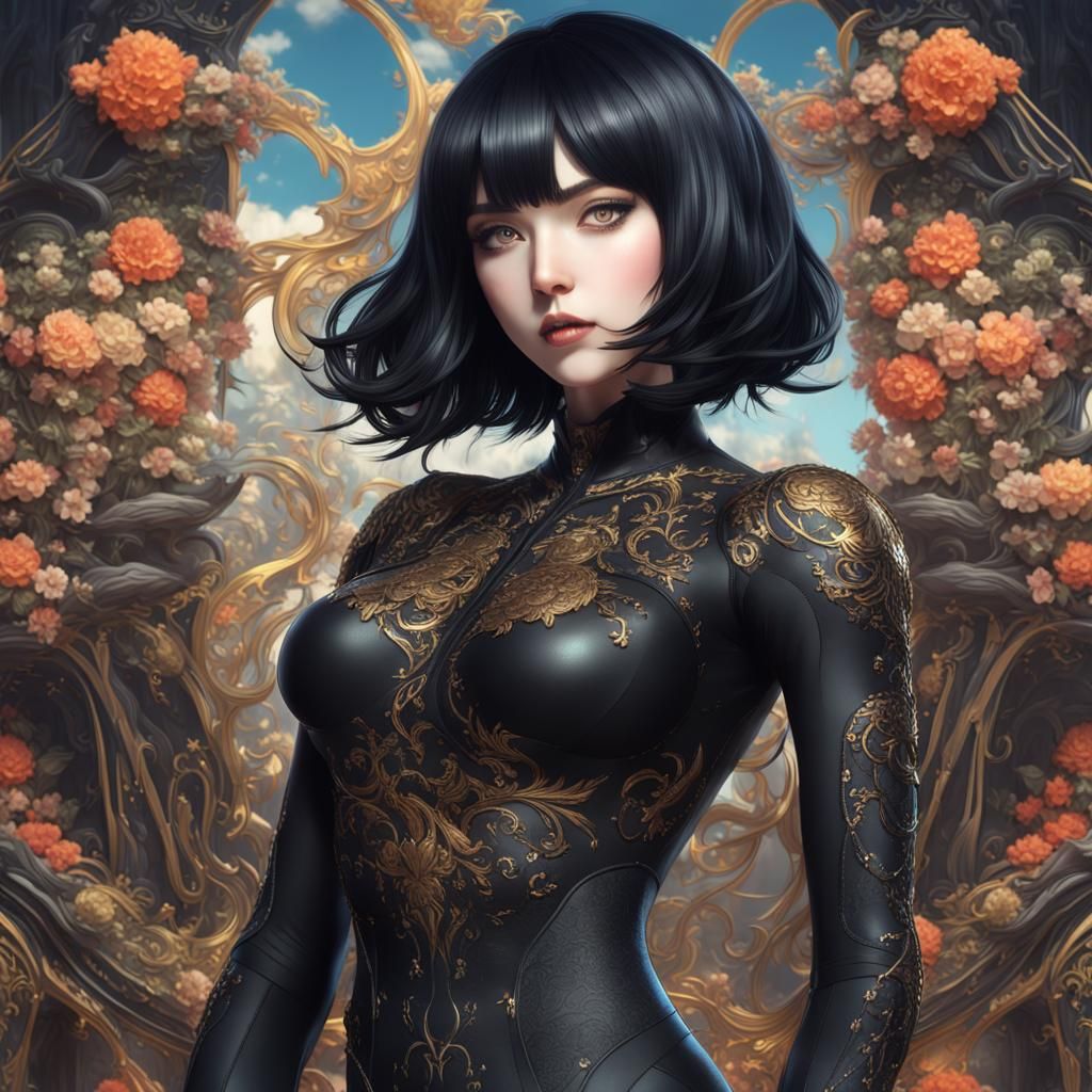 Voluptuous Anime Woman in Black Bodysuit