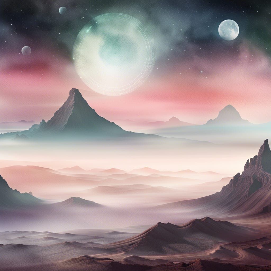 Alien Mountain Landscape with Two Moons