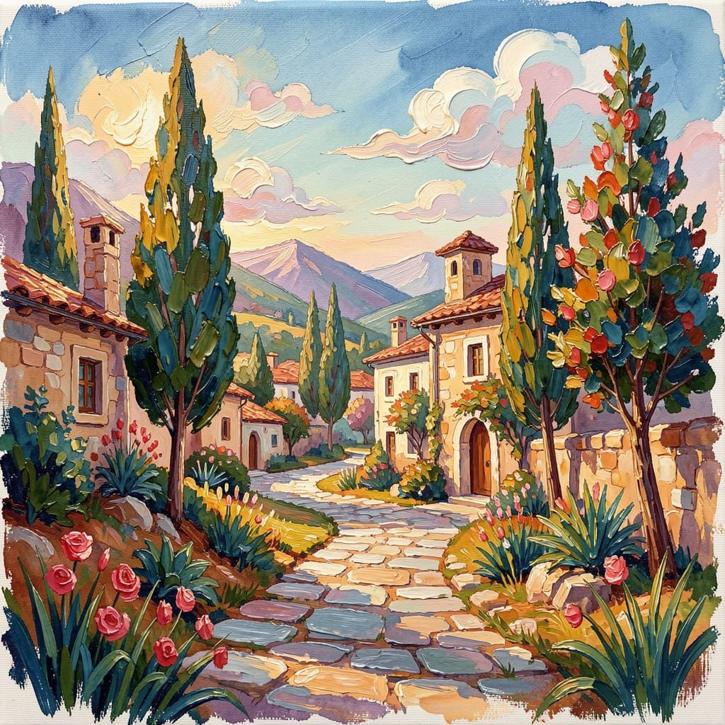 Enchanting Village in Gouache and Watercolor Style
