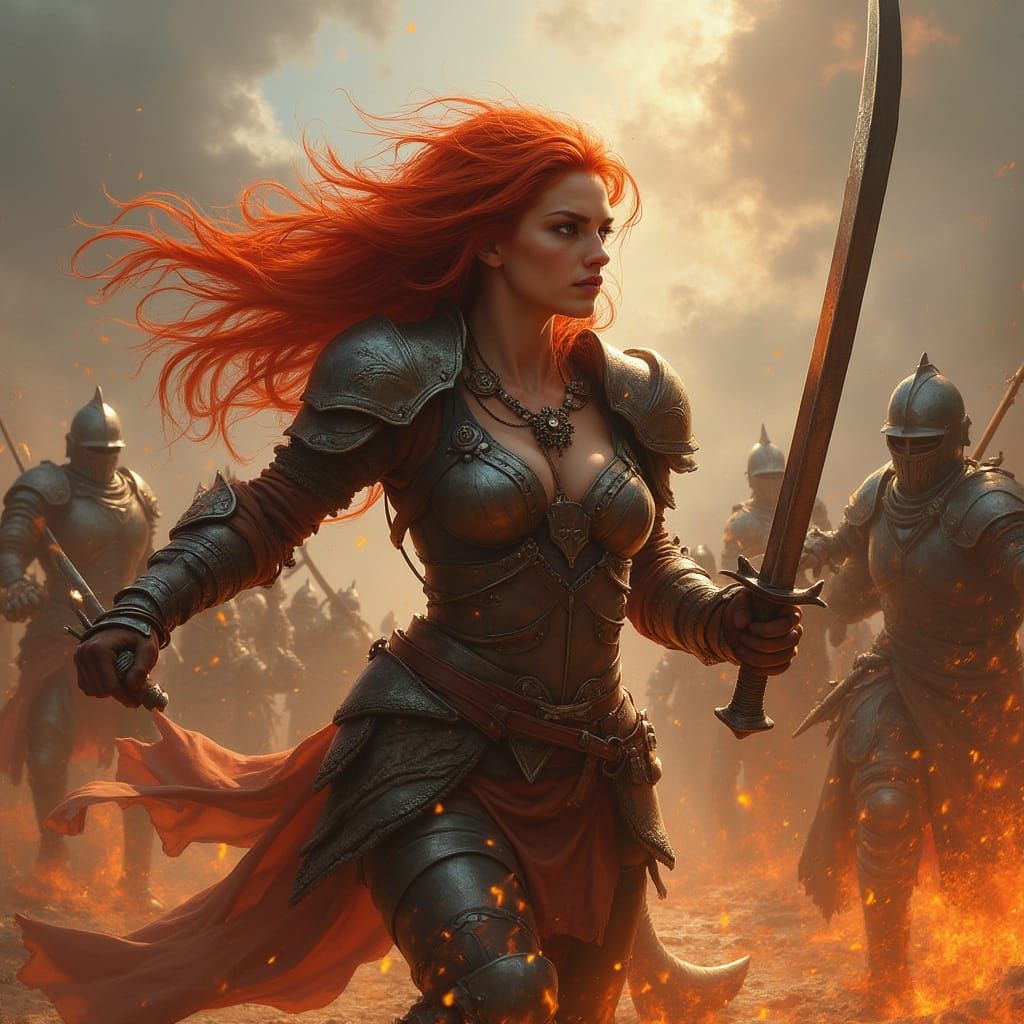 Dragon Warrioress Battles Armored Foes in Fiery Inferno