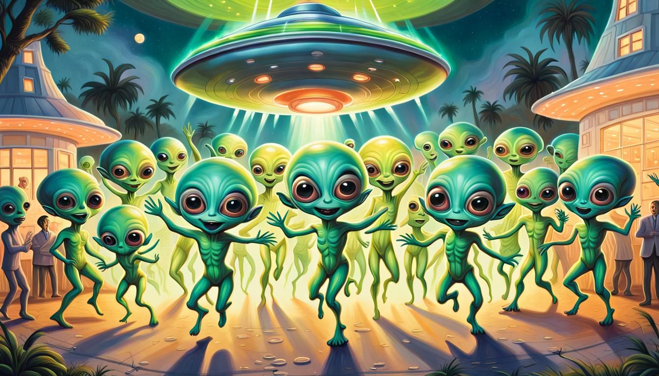 Green Aliens Party Under Flying Saucer Lights