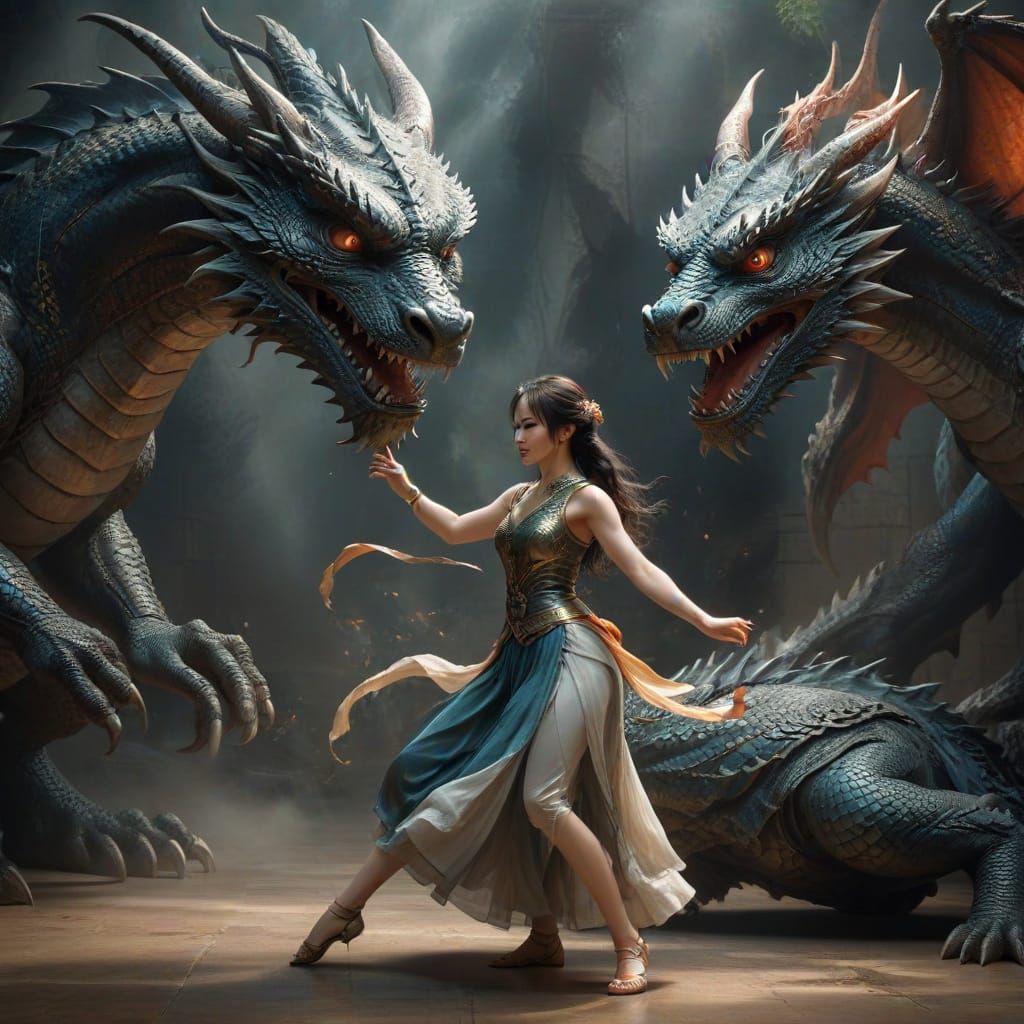 Girl Dancing with Majestic Dragon in a Fantastical Scene