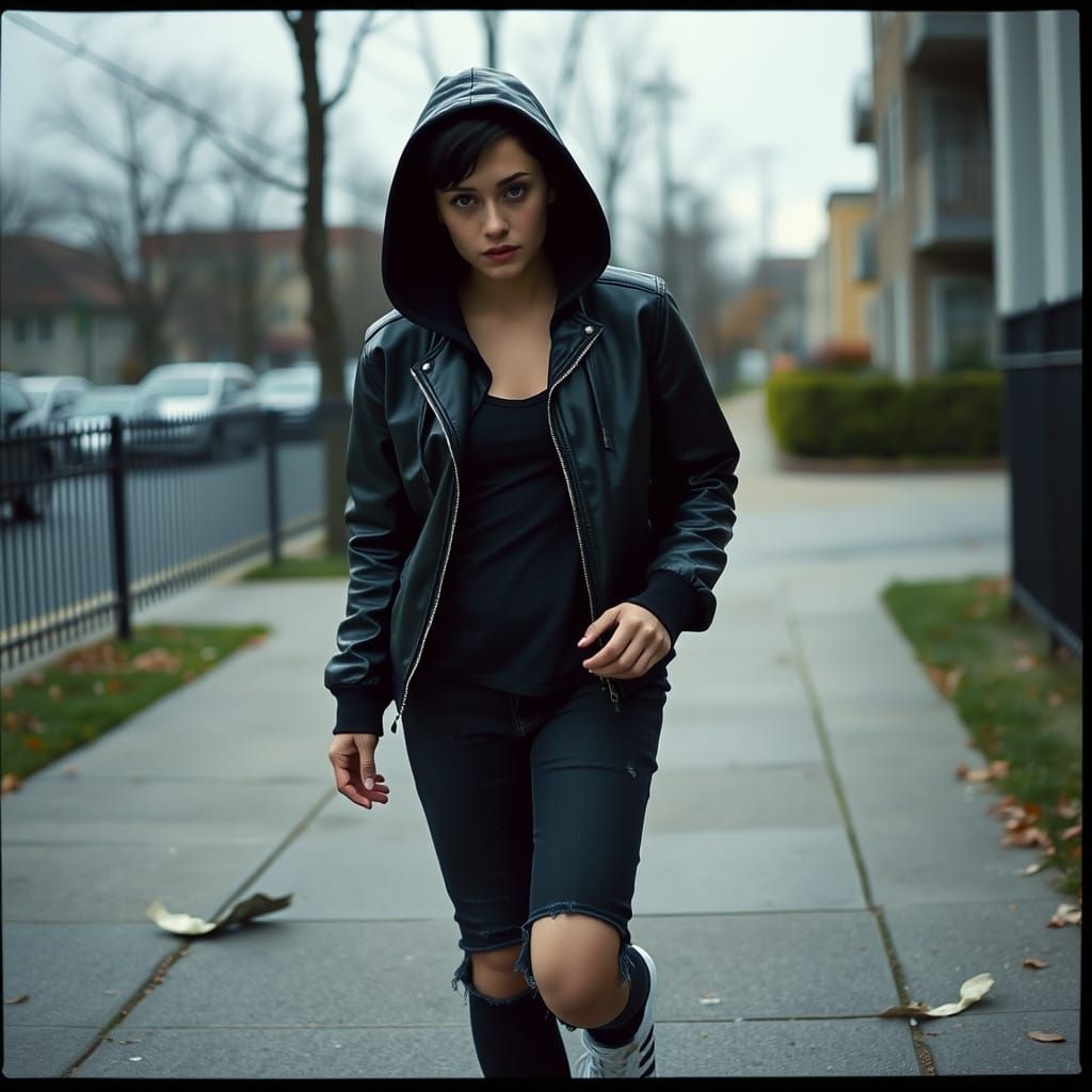 Moody Film Still of Woman Kicking Litter on Overcast Day