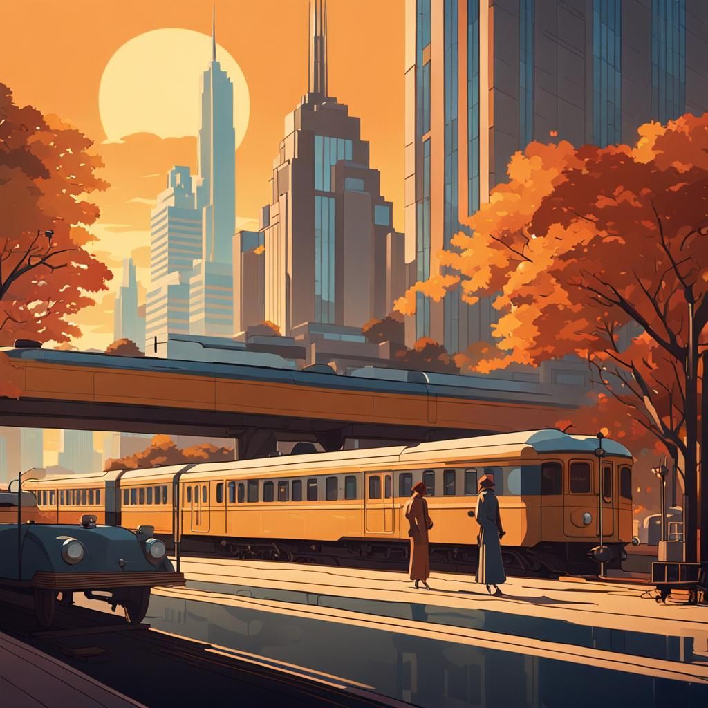 Art Deco Train Station in Autumn Cityscape