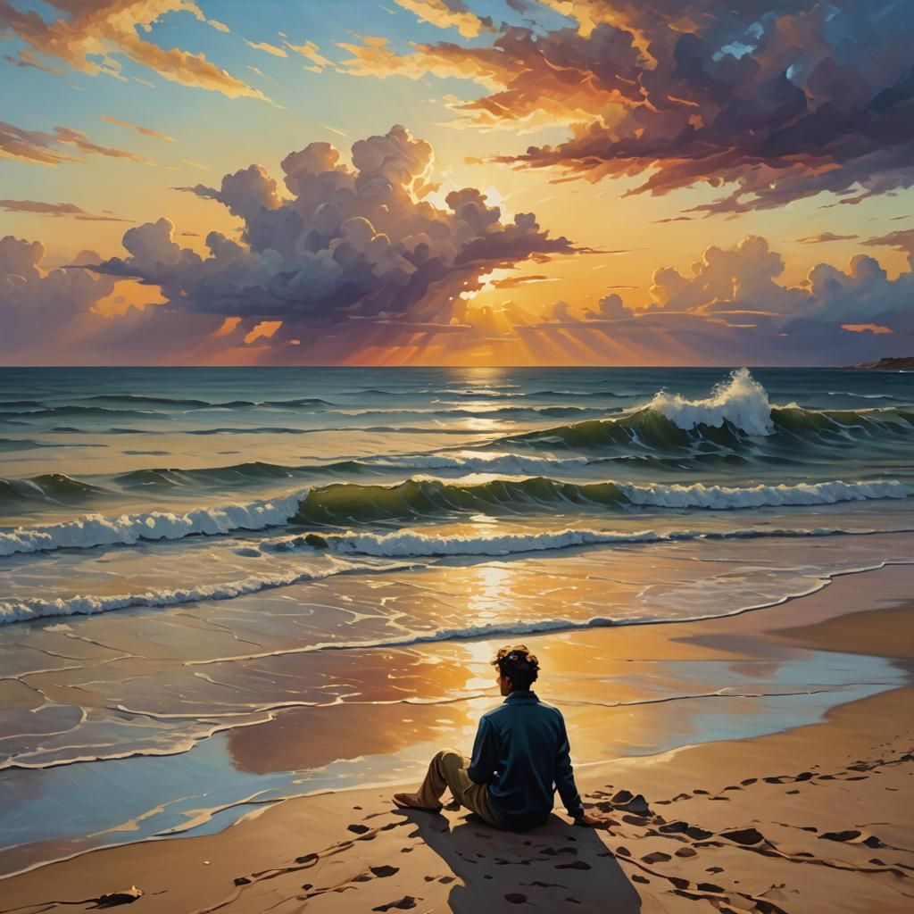 Dreamy Beach Contemplation: Surrealist Oil Painting