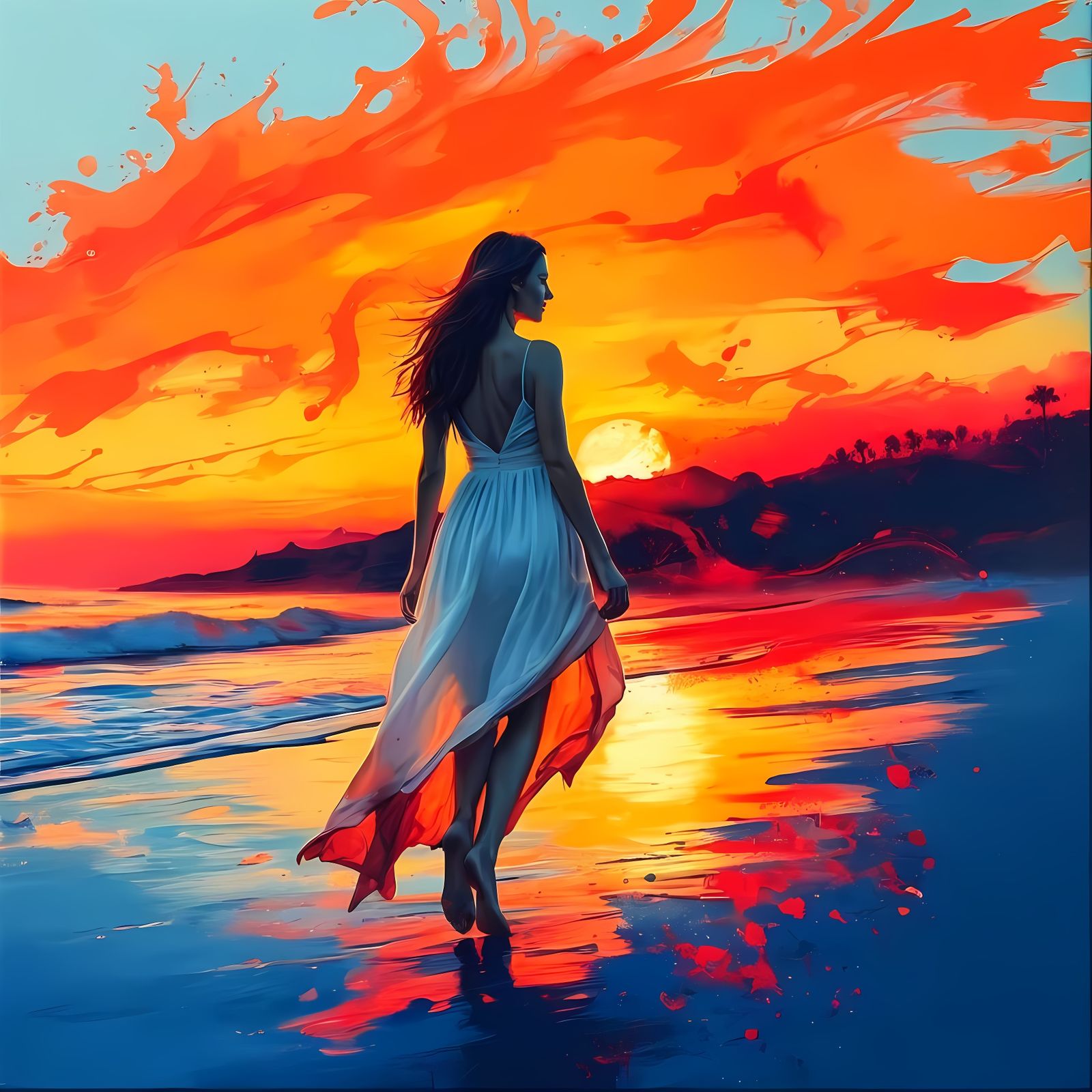 Gorgeous Woman Strolls Under a Vibrant Sunset