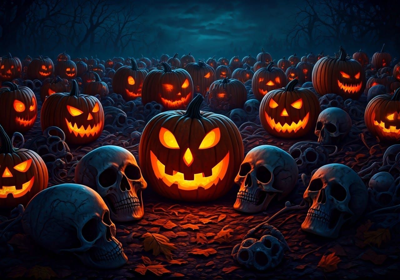 Haunting Jack-o'-Lanterns and Skulls in Dramatic Setting