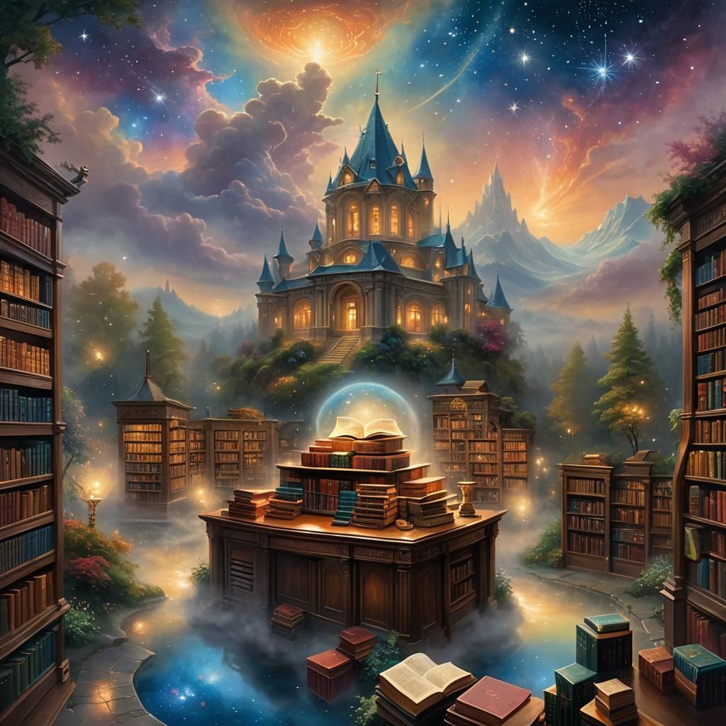 Celestial Library Floating in Space: Dreamlike Oil Painting