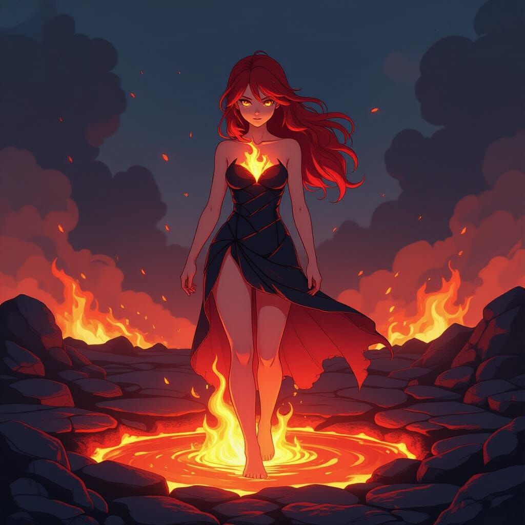 Young Fire Goddess in Molten Lava, Anime Style