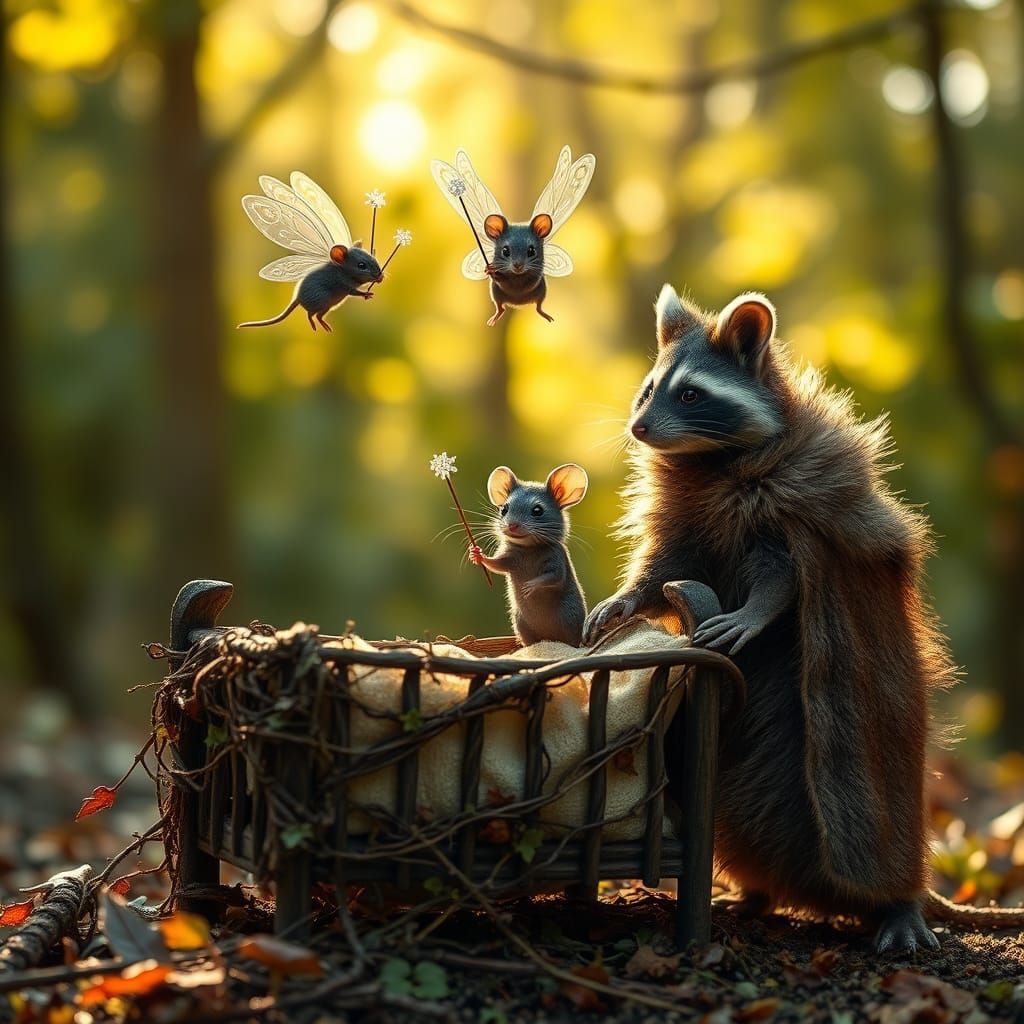 Mice Fairy Godmothers Soar Over a Forest Crib in Whimsical S...