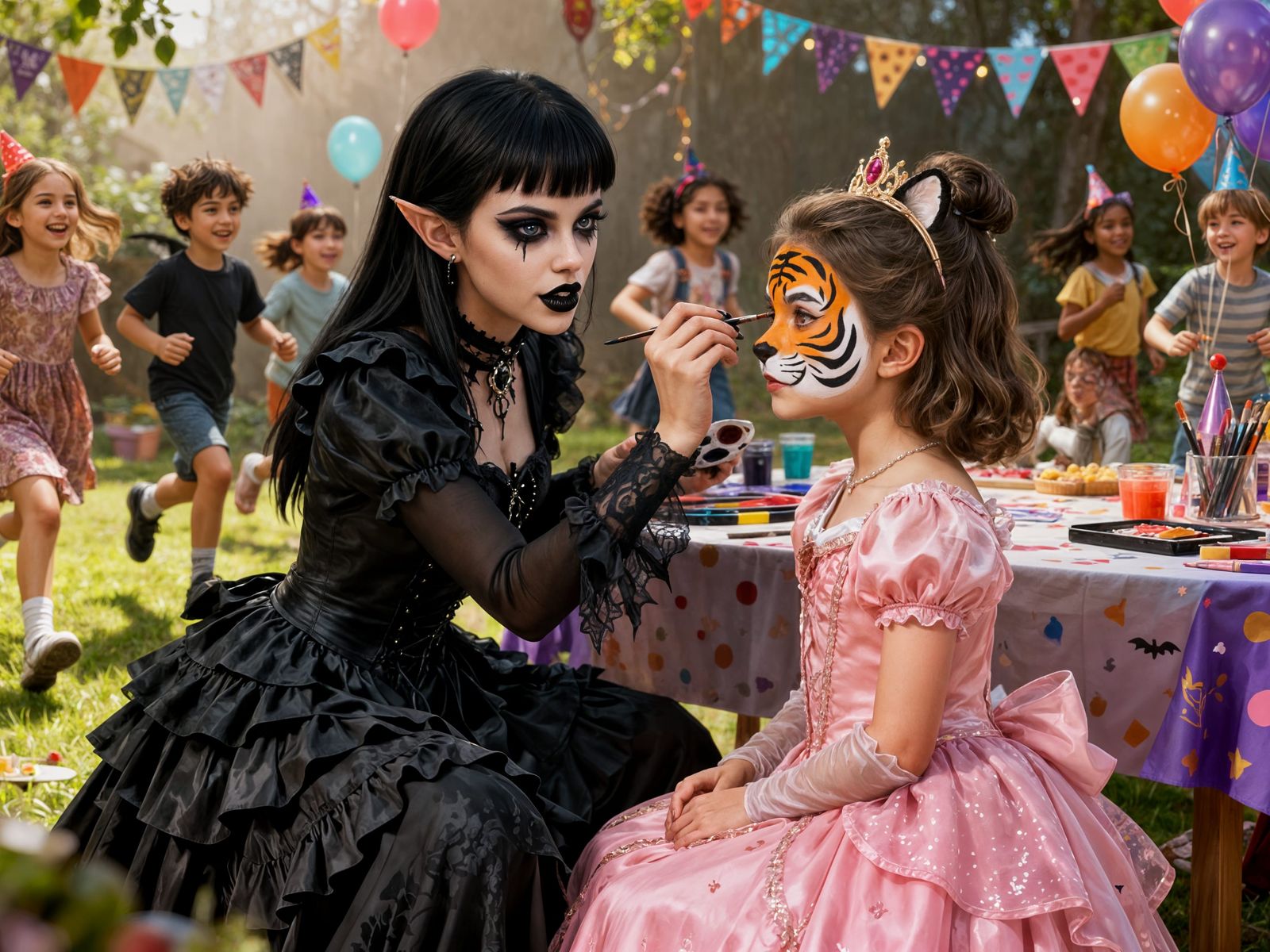 Goth Girl Paints Tiger Face at Birthday Party