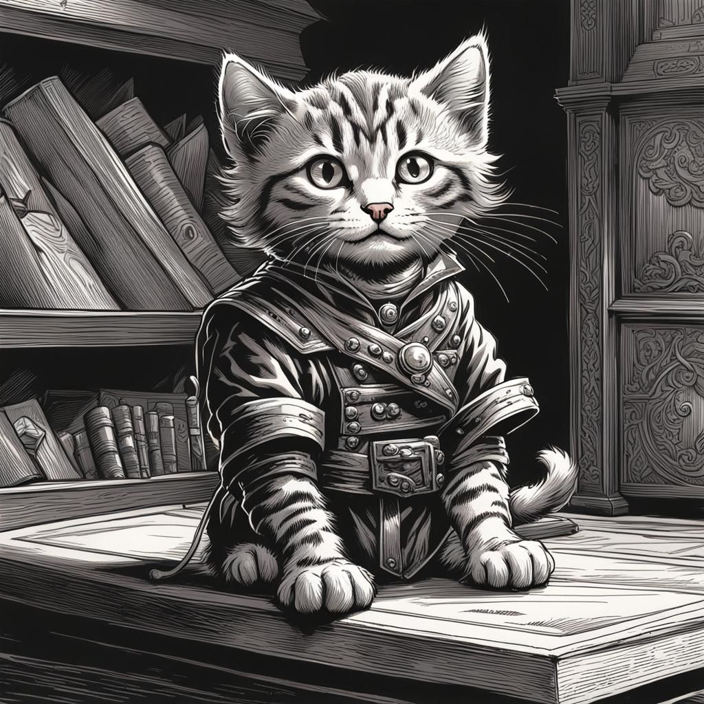 Tabby Kitten as Dante: Tenniel-Style Black and White Drawing